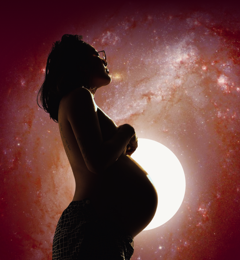 A pregnant woman in profile view. Behind her, a glowing orb floats in a field of stars.